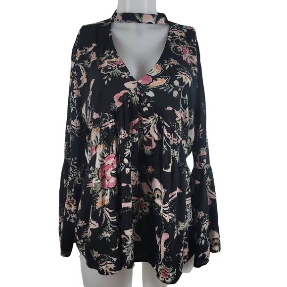 A.N.A  A New Approach Black Pink Floral Bell Sleeve Women Blouse L - Picture 1 of 6